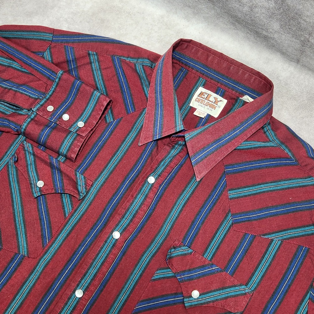 Vintage Ely Cattleman XL Western Pearl Snap Shirt Burgundy Teal Blue Striped l/s